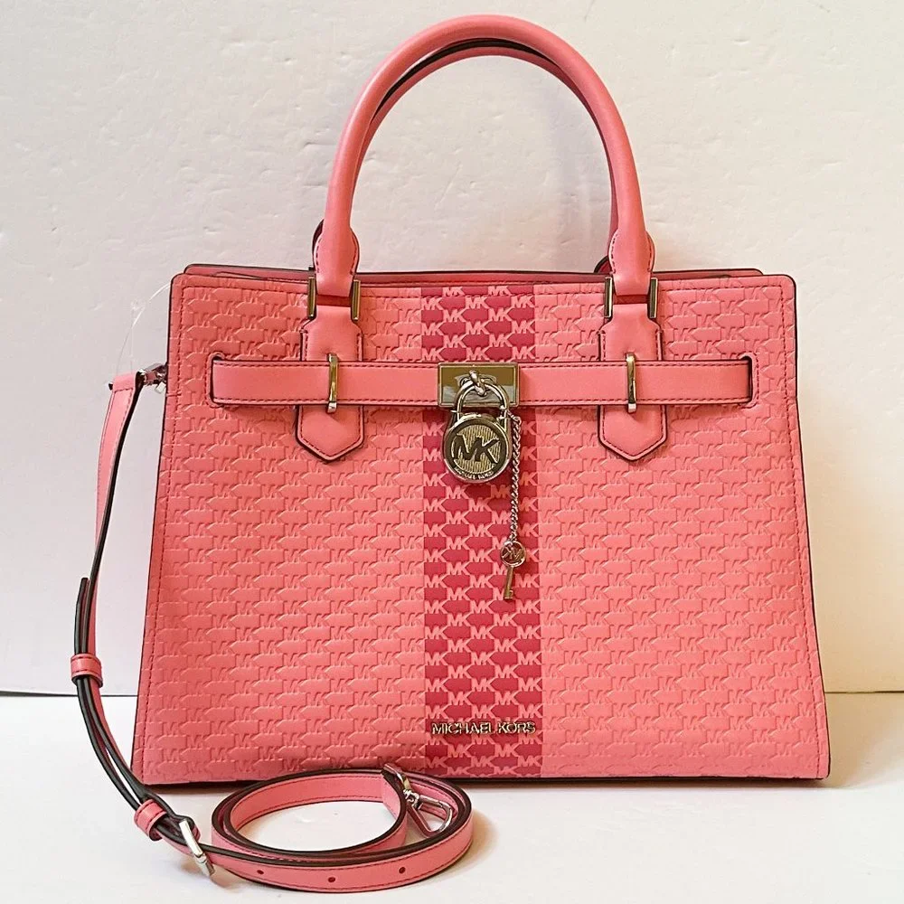Michael Kors Hamilton Medium Satchel Shoulder Crossbody Bag Embossed MK Tea Rose